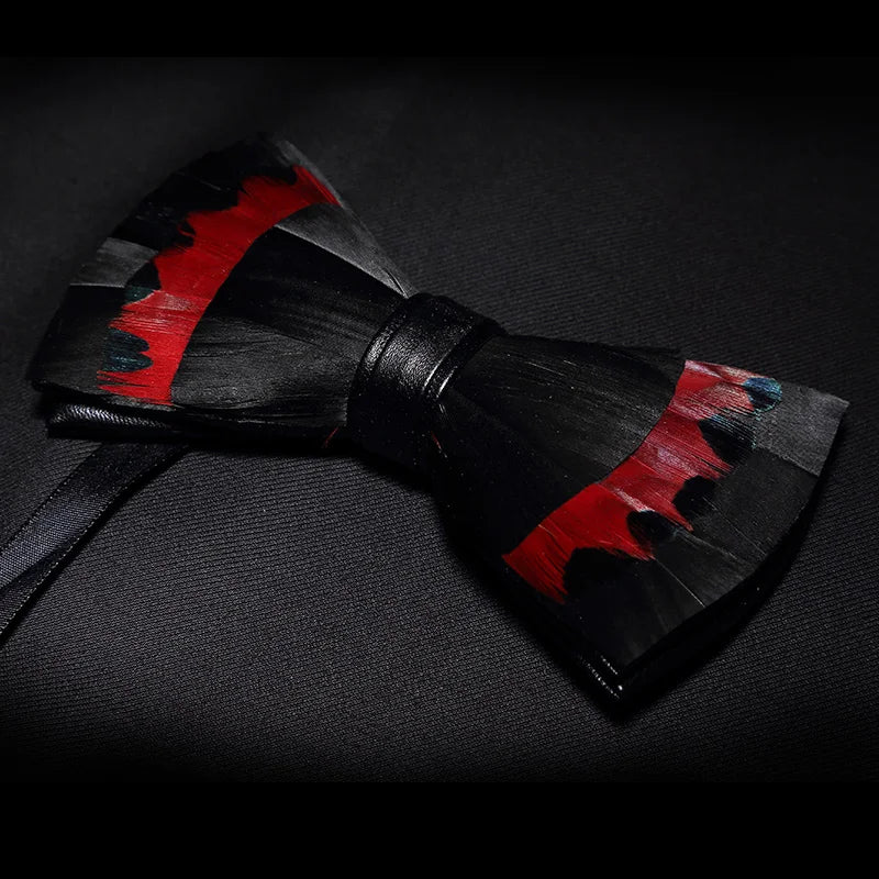 KAMBERFT Designer Brand Handmade Feather and Leather Pre-Tied Bow Tie and Brooch Sets for Men Wedding Party Best Cravate