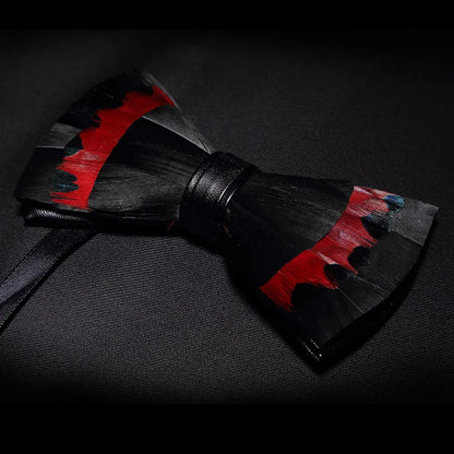 KAMBERFT Designer Brand Handmade Feather and Leather Pre-Tied Bow Tie and Brooch Sets for Men Wedding Party Best Cravate