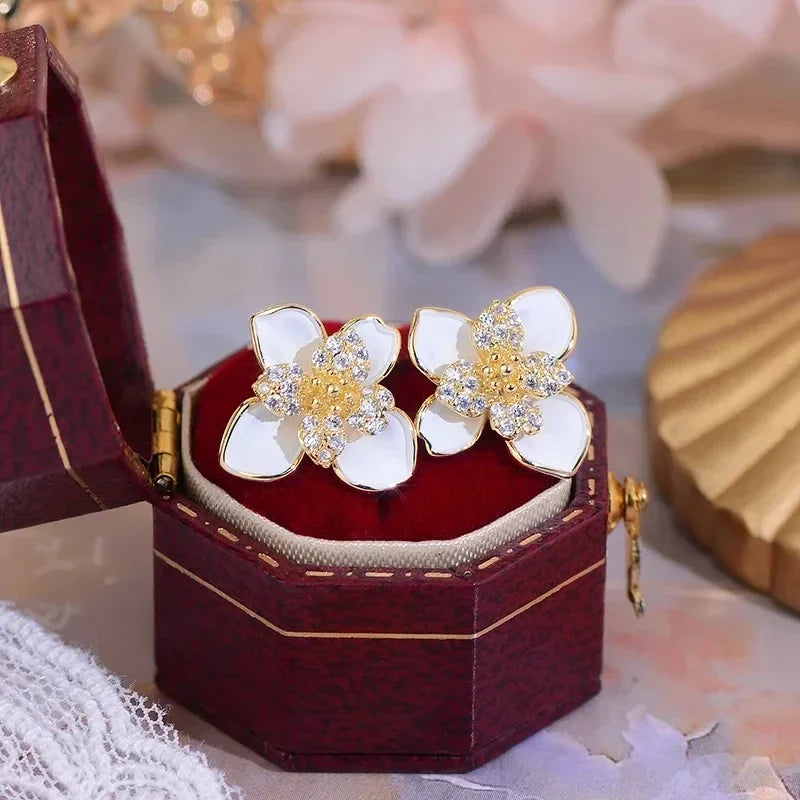 Korean Jewelry Fresh Cute Hook Drop Oil Flower Stud Earrings Crystal Earring for Women