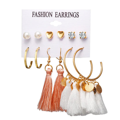 17KM 30 Boho Tassel Earrings Bohemian Long Earrings Set for Women Brincos Geometric Fabric Drop Earring Female Fashion Jewelry