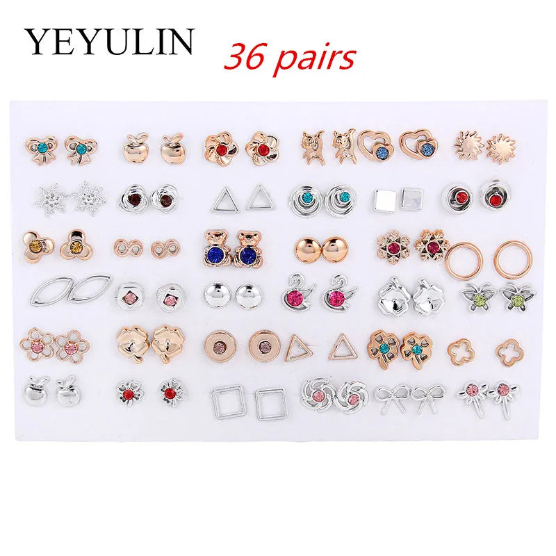 36Pairs/18pairs Earrings Mixed Styles Rhinestone Sun Flower Geometric Animal Plastic Stud Earrings Set for Women Girls Jewelry