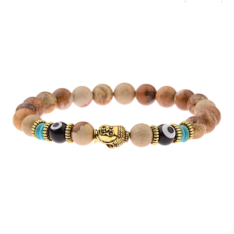 Charm Buddha&Evil Eye Bracelet Women 8mm Elastic Round Bright Black Stone Chakra Bracelets Men Erkek Bileklik Homme