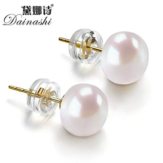 Dainashi High Quality 925Silver Gold Color 8-9mm Bread Round Freshwater Cultured Pearl Stud Earrings for Women Birthday