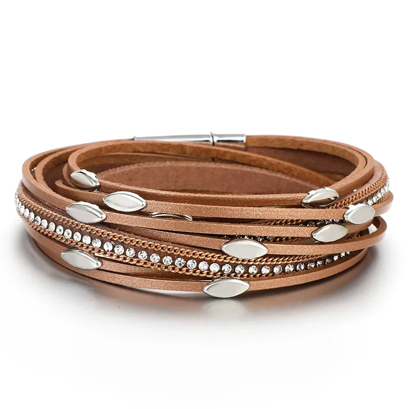 ALLYES Leaf Charm Pink Leather Bracelets for Women 2023 Fashion Crystal Chain Boho Multilayer Wrap Bracelet Femme Jewelry