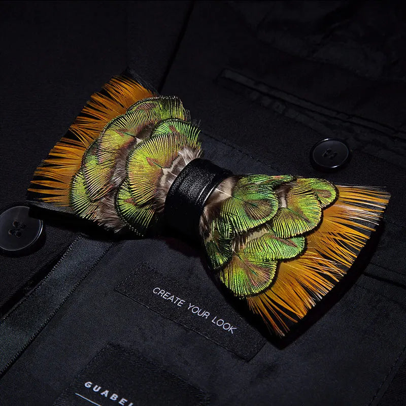 KAMBERFT Designer Brand Handmade Feather and Leather Pre-Tied Bow Tie and Brooch Sets for Men Wedding Party Best Cravate