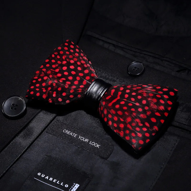 KAMBERFT Designer Brand Handmade Feather and Leather Pre-Tied Bow Tie and Brooch Sets for Men Wedding Party Best Cravate