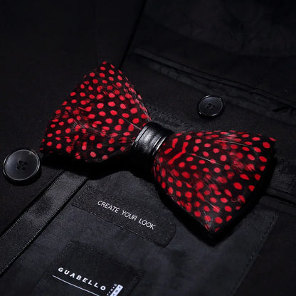 KAMBERFT Designer Brand Handmade Feather and Leather Pre-Tied Bow Tie and Brooch Sets for Men Wedding Party Best Cravate