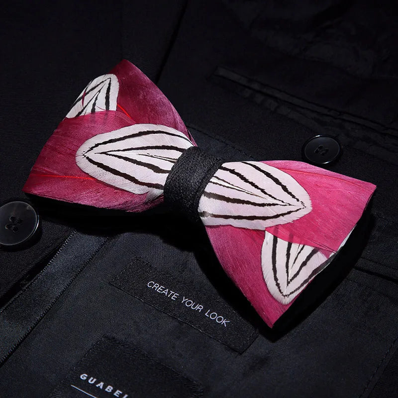 KAMBERFT Designer Brand Handmade Feather and Leather Pre-Tied Bow Tie and Brooch Sets for Men Wedding Party Best Cravate