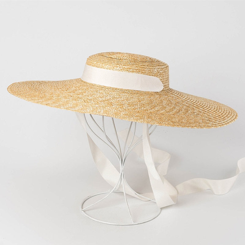 Wide Brim Boater Hat 10cm 15cm Brim Straw Hat Flat Women Summer Kentucky Derby Hat White Black Ribbon Tie Sun Hat Beach Cap