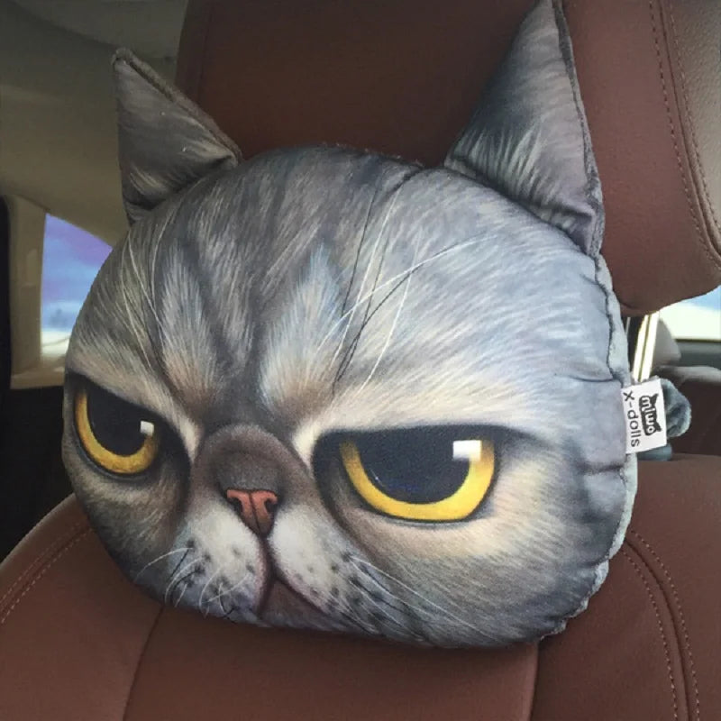 Newest 2024 3D Printed Dog Cat Face Car Headrest Neck Rest Auto Neck Safety Cushion Car Neck Support Headrest Without Filler