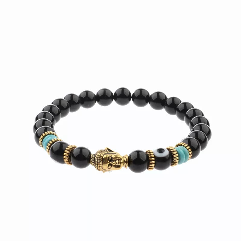 Charm Buddha&Evil Eye Bracelet Women 8mm Elastic Round Bright Black Stone Chakra Bracelets Men Erkek Bileklik Homme