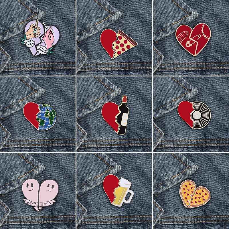 2pcs/Set Creative Brocken Heart Wine Bottle Earth Cup Pizza Enamel Pins BEST BUDS/BOOS Brooch Collar Pin Badges Corsage Jewelry