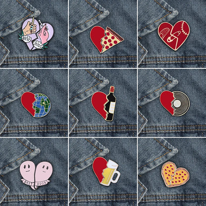 2pcs/Set Creative Brocken Heart Wine Bottle Earth Cup Pizza Enamel Pins BEST BUDS/BOOS Brooch Collar Pin Badges Corsage Jewelry