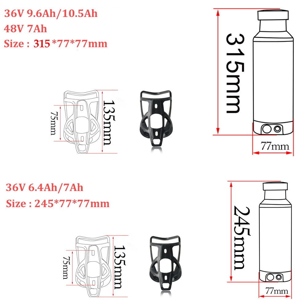 Bottle eBike Battery Pack 36V 10.5Ah 48V 7Ah With Branded San-Yo L-G Li-Ion Cell Bafang TSDZ2 750W 500W 350W 250W Mini Batteries