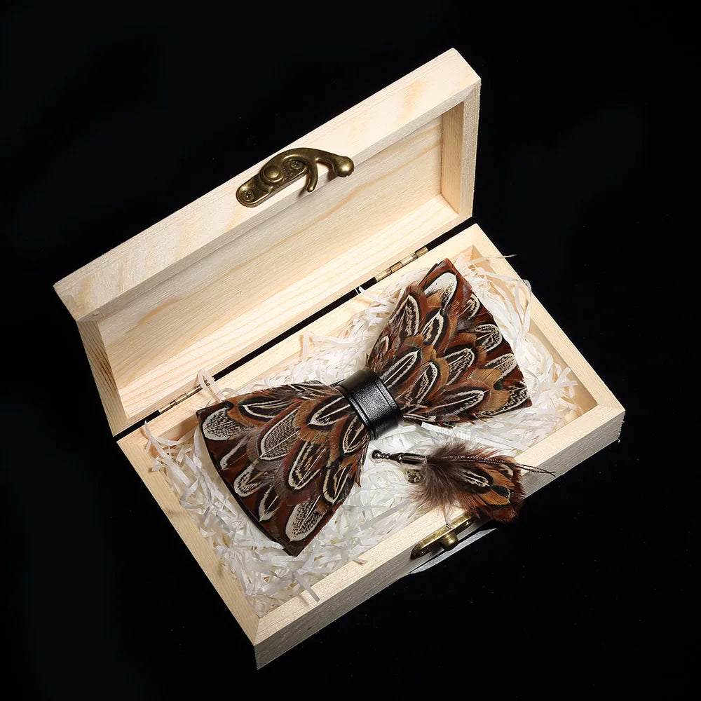 KAMBERFT Design Handmade Feather Bow Tie Brooch Wooden Box Set High Quality Men's Bowtie Leather Tie for Wedding Party Banquet