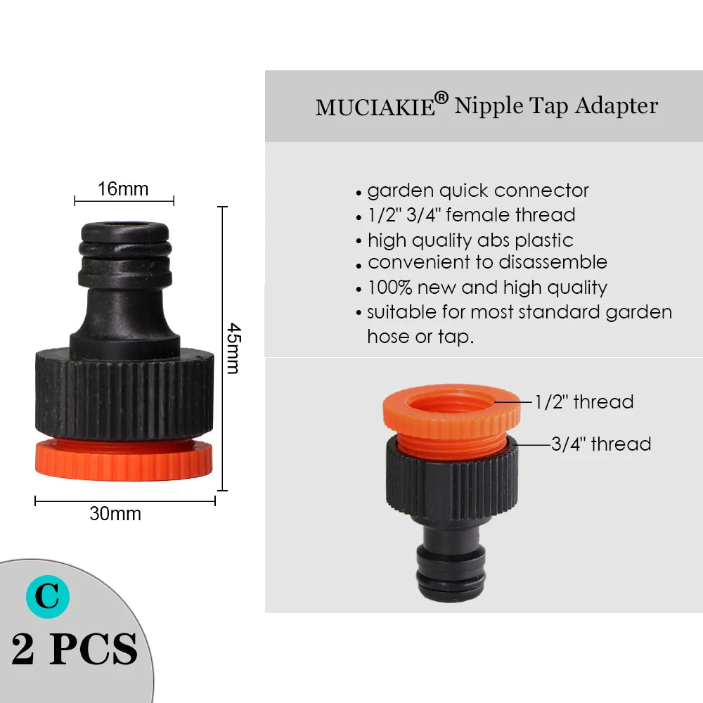 MUCIAKIE Variety Style Garden Tap 1/2" 3/4" Male Female Thread Nipple Joint 1/4" Hose Quick Connector Irrigation Water Splitters