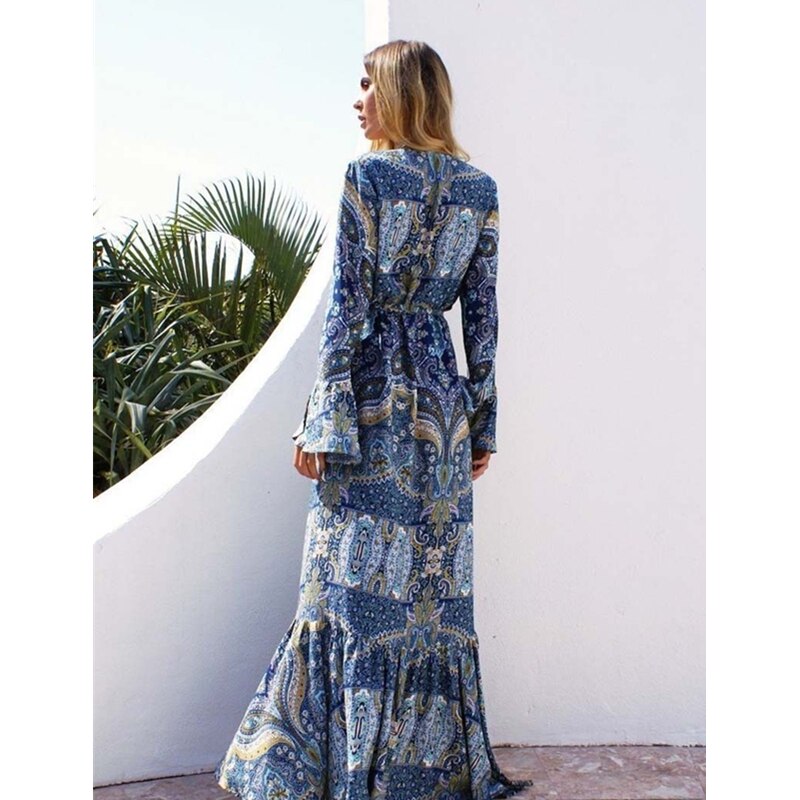 Women Summer Dress Boho Style Women Long Maxi Evening Party Dress Vintage Floral v Neck High Split Beach Dresses Su