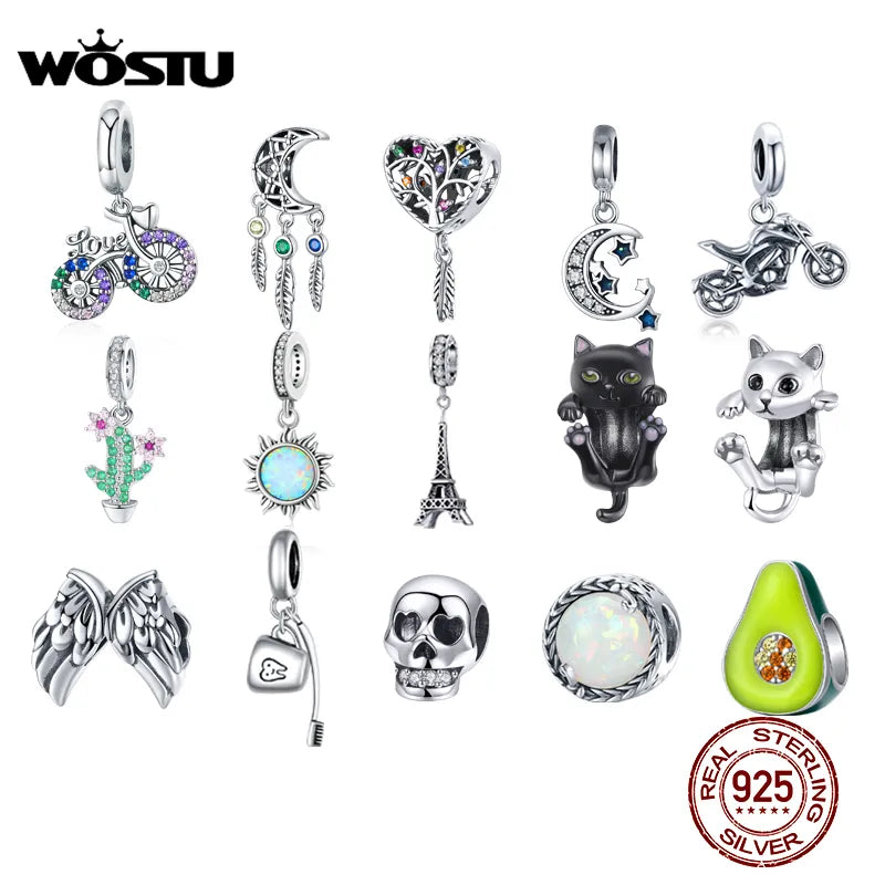 WOSTU 925 Sterling Silver Animal Cat Charm Pendant Heart Family Ladybug Bee Beads Fit Original Bracelet DIY Jewelry for Women
