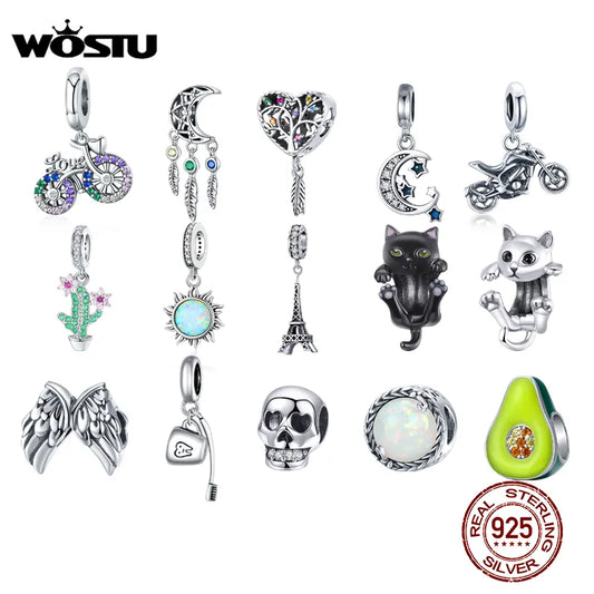 WOSTU 925 Sterling Silver Animal Cat Charm Pendant Heart Family Ladybug Bee Beads Fit Original Bracelet DIY Jewelry for Women