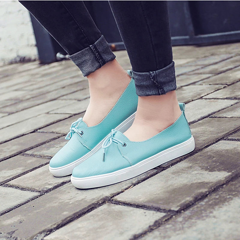 WOIZGIC Women Students Gril Female Leather White Shoes Flats Platform Lace Up Korean Casual Vulcanized Shoes FEZ-173