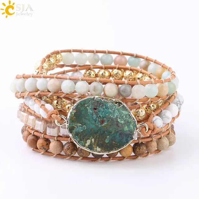 CSJA Natural Stone Bracelet Pink Quartz Leather Wrap Bracelets for Women Rose Gems Crystal Beads Bohemia  Jewelry 5 Strand S308