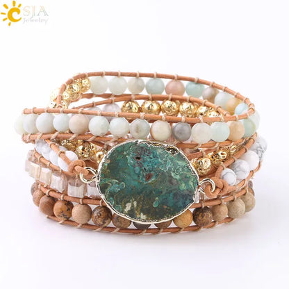CSJA Natural Stone Bracelet Pink Quartz Leather Wrap Bracelets for Women Rose Gems Crystal Beads Bohemia  Jewelry 5 Strand S308