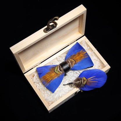 KAMBERFT Design Handmade Feather Bow Tie Brooch Wooden Box Set High Quality Men's Bowtie Leather Tie for Wedding Party Banquet