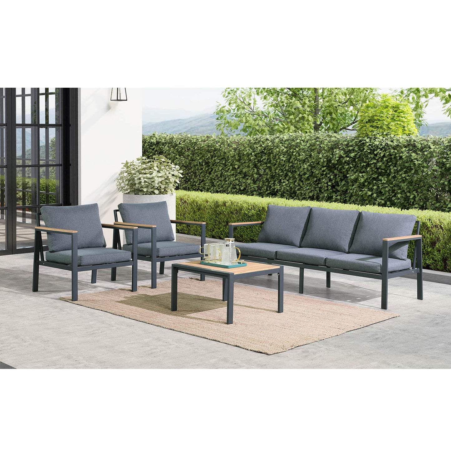 Rossio Outdoor 4 Piece Conversation Set, Matte Charcoal Aluminum Frame, Waterproof Fabric Cover