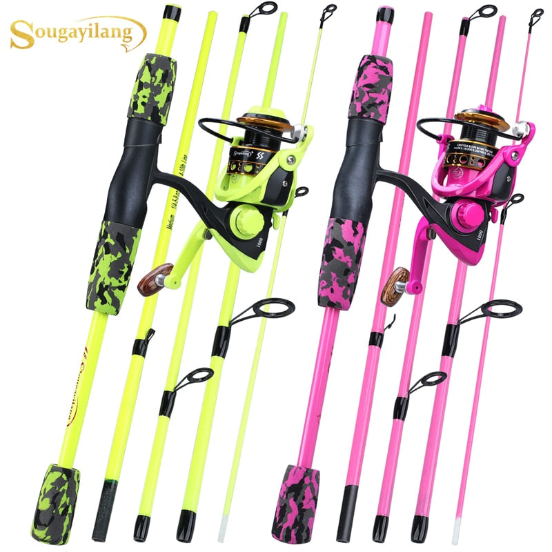 Sougayilang 5 Section Red/Yellow Fishing Set 170cm Fishing Rod and YW/OE1000-3000 Spinning Reel Portable Travel Fishing Combo