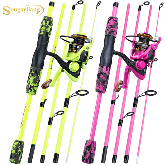 Sougayilang 5 Section Red/Yellow Fishing Set 170cm Fishing Rod and YW/OE1000-3000 Spinning Reel Portable Travel Fishing Combo