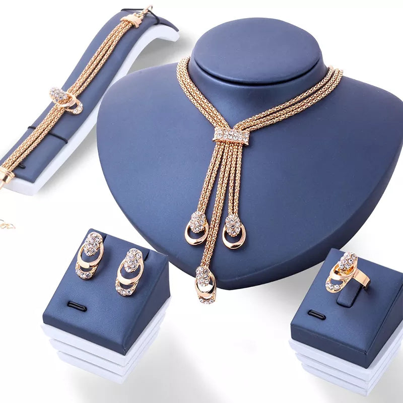 4Pcs/Set Delicate Trendy Office Crystal Necklace Bracelet Ring Earrings Set Fashion Jewelry Women Bijoux De Mariage Dubai