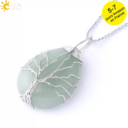 Tiger Eye Tree of Life Crystal Necklace Natural Stone Pendant Wire Wrap Rose Crystals Pink Quartz Amethyst Green Aventurine E585