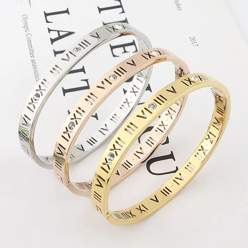 Opening Titanium Steel Bangles Crystal Gold Color Bangles Roman Numerals Women's Bracelet