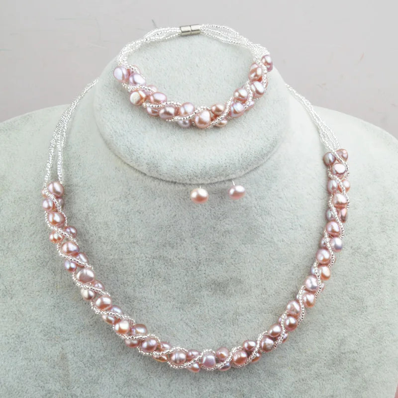 ASHIQI Real Natural Freshwater Pearl Handmade Jewelry Sets & More Necklace Bracelet 925 Silver Earrings for Women Wedding