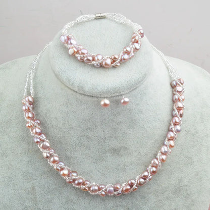 ASHIQI Real Natural Freshwater Pearl Handmade Jewelry Sets & More Necklace Bracelet 925 Silver Earrings for Women Wedding