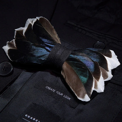 KAMBERFT Designer Brand Handmade Feather and Leather Pre-Tied Bow Tie and Brooch Sets for Men Wedding Party Best Cravate