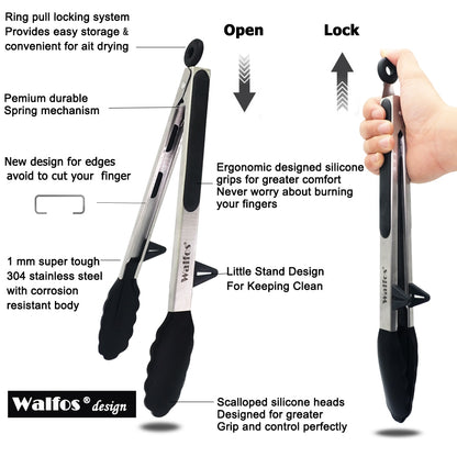 WALFOS  22 CM and 30CM Food Grade 100% Silicone Food Tong Kitchen Tongs Utensil Cooking Tong Clip Clamp Salad Serving BBQ Tools