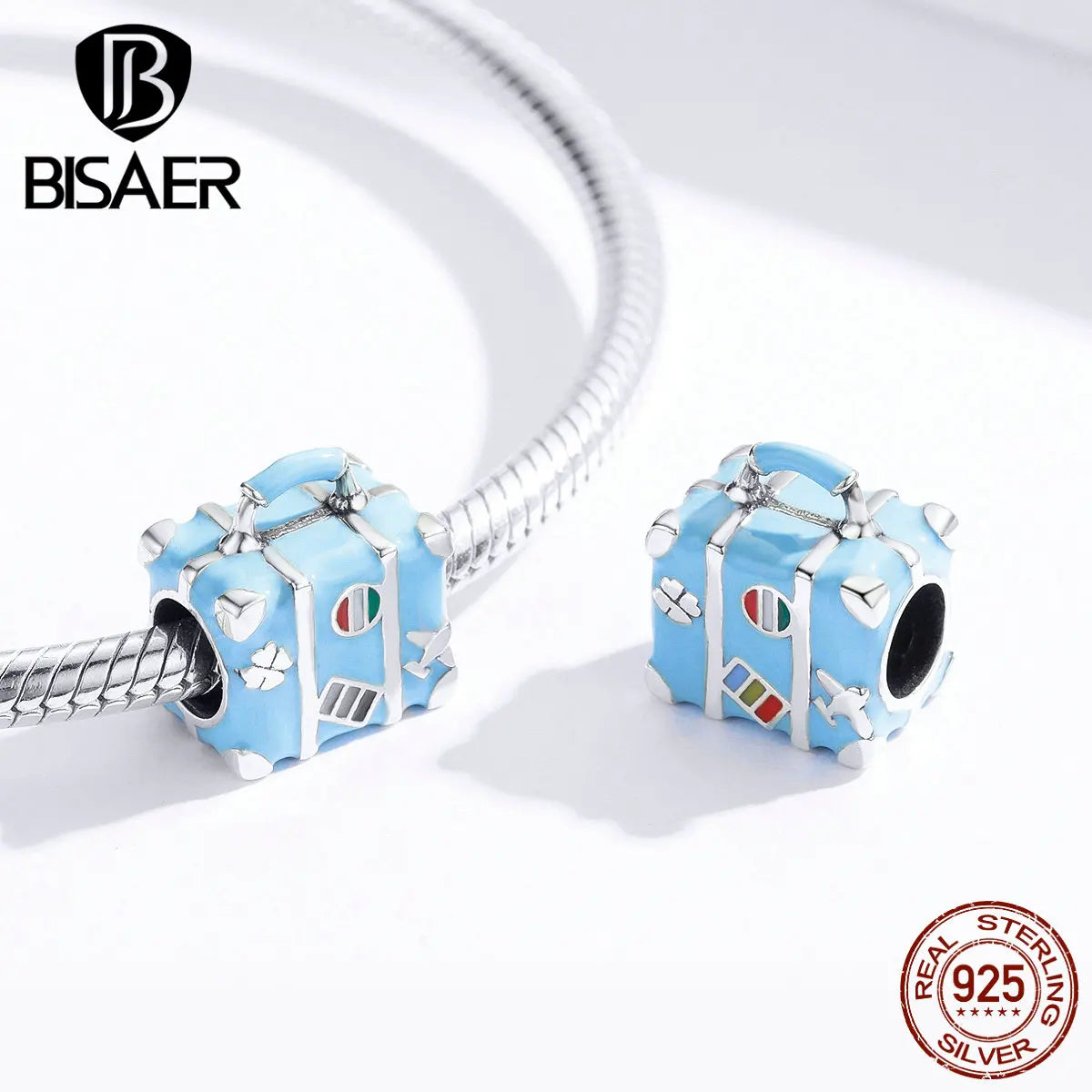 BISAER 925 Sterling Silver Blue Travel Suitcase Charm Pink Car Pendant Family House Home Beads Fit Women Bracelet DIY Jewelry