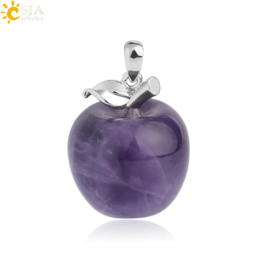 CSJA Apple Natural Stone Pendant Crystal Amethysts Pendants Rose Pink Quartz Necklaces Jewelry for Female Women Chrismtas G046