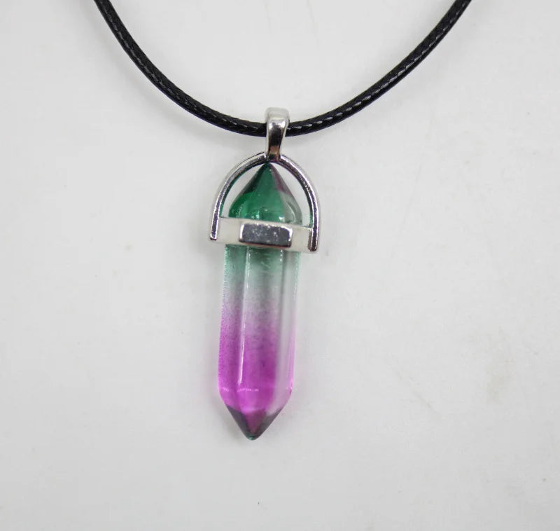 1PCS Natural Stone Quartz Crystal Opal Agates Hexagonal Column Pendulum Pendant Leather Chains Necklace Fashion Charms Pendant