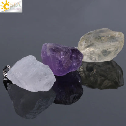 CSJA Natural Stones Gems Clear Crystal Pendants Necklaces Reiki Healing Irregular White Yellow Purple Pink Quartz Pendulum F070