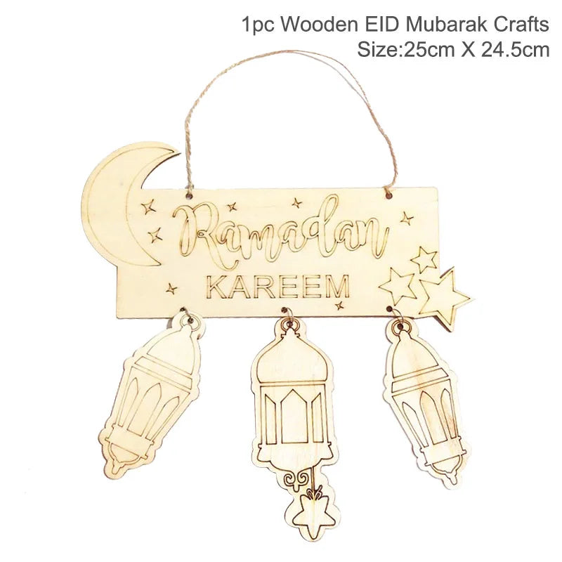 EID Mubarak Wooden Pendant With LED Candles Light Ramadan Decorations for Home Islamic Muslim Party Eid Decor Kareem Ramadan