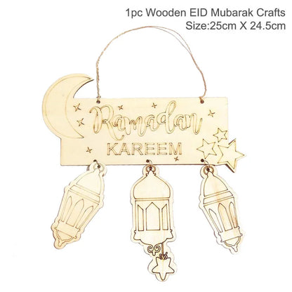 EID Mubarak Wooden Pendant With LED Candles Light Ramadan Decorations for Home Islamic Muslim Party Eid Decor Kareem Ramadan