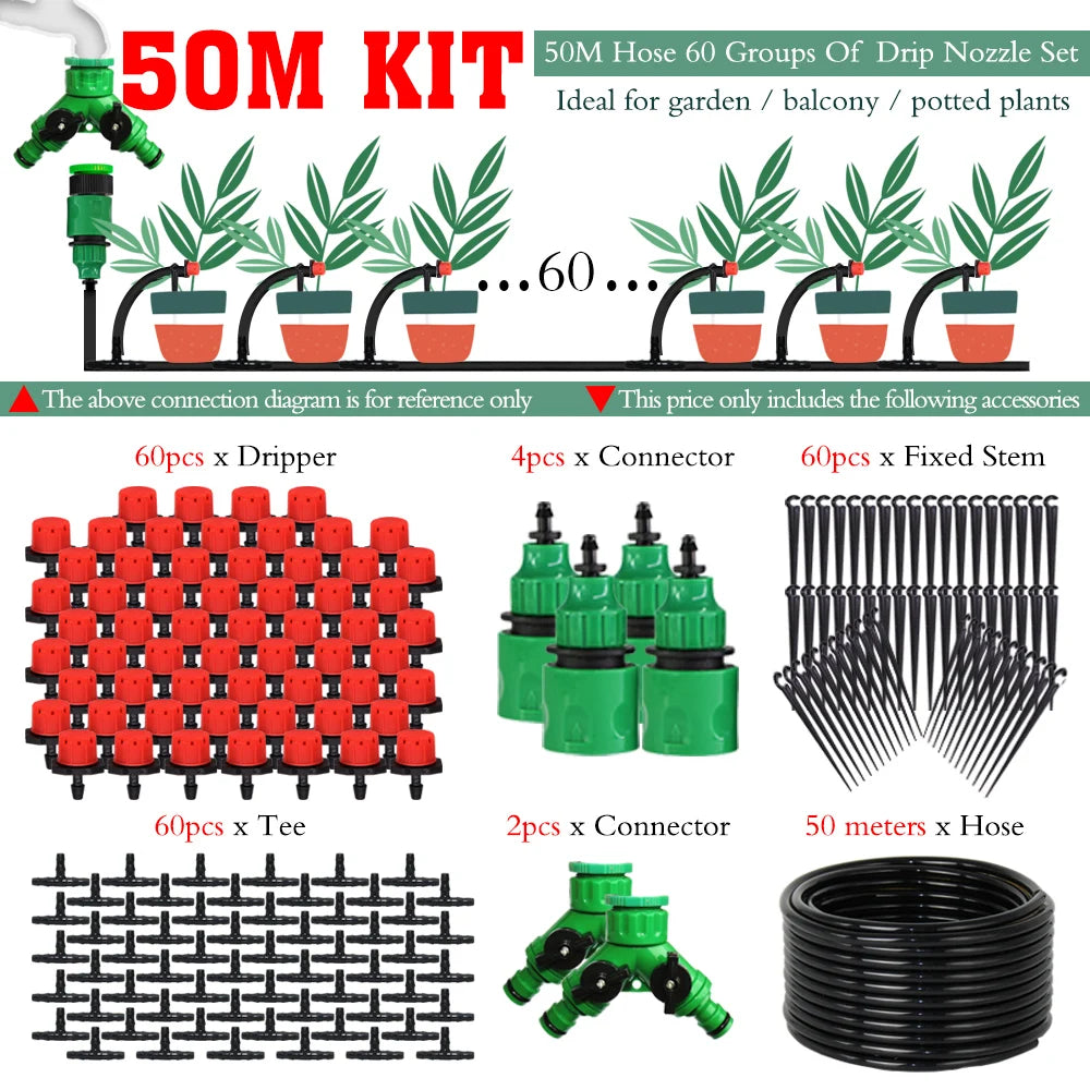 MUCIAKIE 50m-5m DIY Drip Irrigation System Automatic Watering Garden Hose Micro Drip Watering Kits With Adjustable Drippers