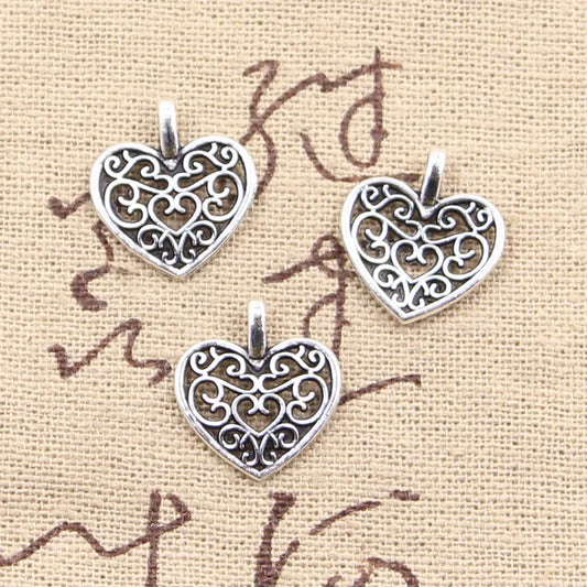 50pcs Charms Hollow Lovely Heart 16x14mm Antique Bronze Silver Color Pendants Making DIY Handmade Tibetan Bronze Jewelry
