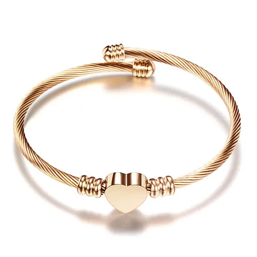 Fashion 3Colors Jewelry Women's Bijoux Bangles Stainless Steel Twisted Cable Wire Heart Charm Bracelet Bangle for Design