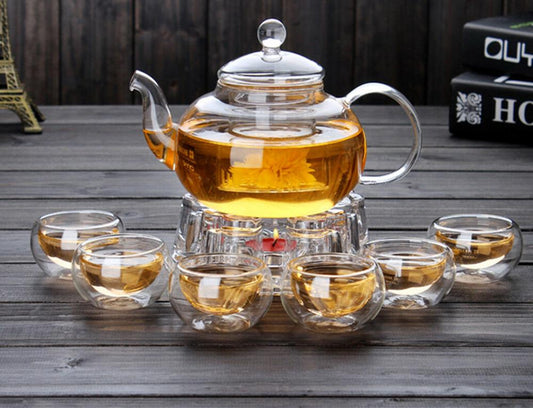Tea Set High Borosilicate Glass Tea Pot Set Infuser Coffee Tea Leaf Herbal 6 Cups Warmer Teapot Kitchen Accessories Home