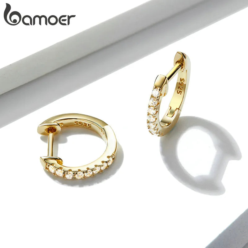 BAMOER 925 Sterling Silver Round Circle Hoop Earrings for Women Gold Color Earrings Sterling Silver Jewelry