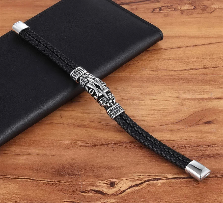XQNI Punk Style Ancient Architecture Totem Elegant Small Adorn Article Leather Bracelet Double Layer Hand Jewelry