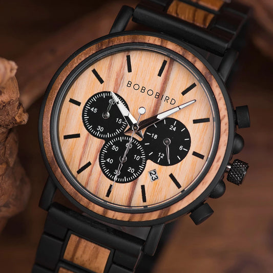 BOBO BIRD P09 Wood and Stainless Steel Watches Mens Chronograph Wristwatches Luminous Hands Stop Clock